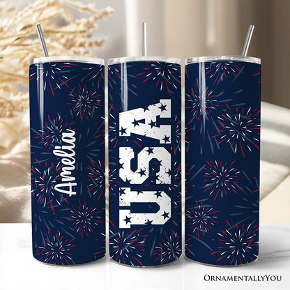 Vintage USA Block Letters 20oz Personalized Tumbler With Lid and Stainless Steel Straw, Patriotic Fireworks for Independence Day Gift Cup