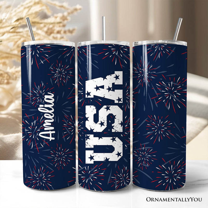 Vintage USA Block Letters 20oz Personalized Tumbler With Lid and Stainless Steel Straw, Patriotic Fireworks for Independence Day Gift Cup