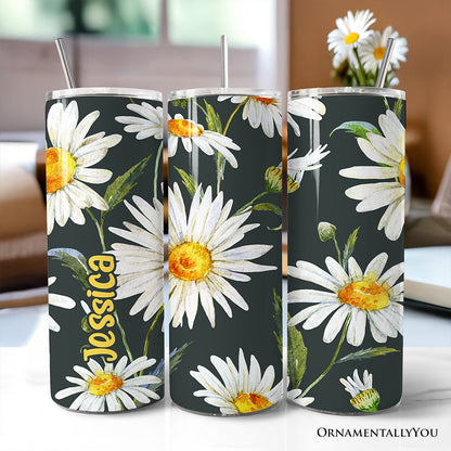 White Daisy Flower Pattern 20oz Personalized Tumbler With Lid and Stainless Steel Straw, Fresh Spring Floral Gift Cup