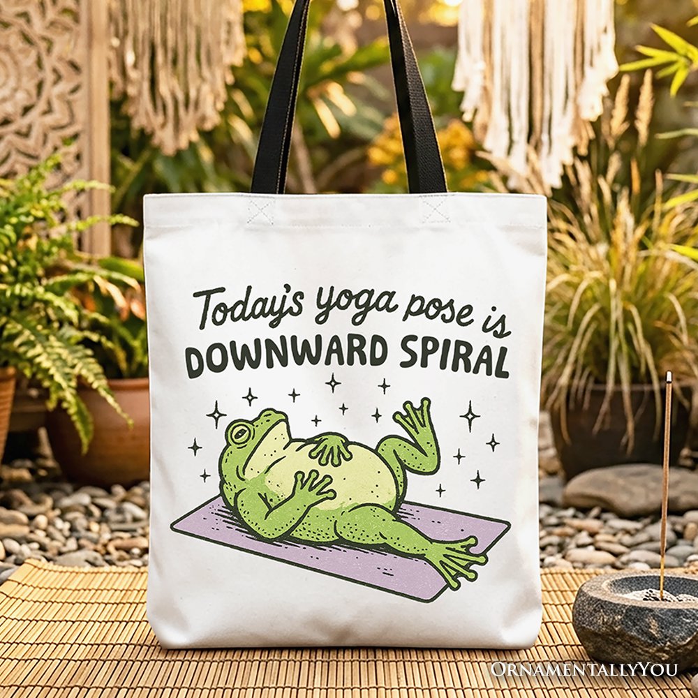 Yoga Frog Downward Spiral Tote Bag, Funny Mental Health Humor Gift Shopper