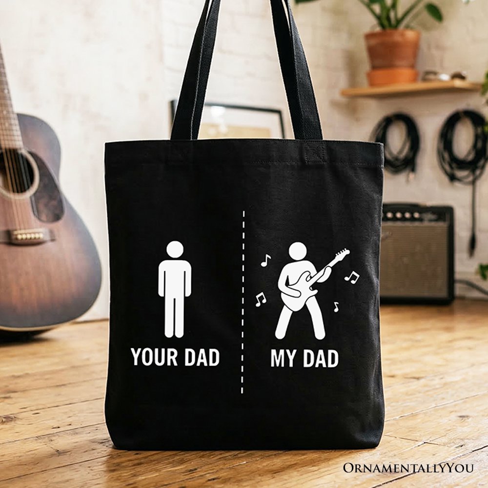 Your Dad Vs My Cool Dad Tote Bag, Funny Bass Guitar Rock Father's Day Gift Shopper