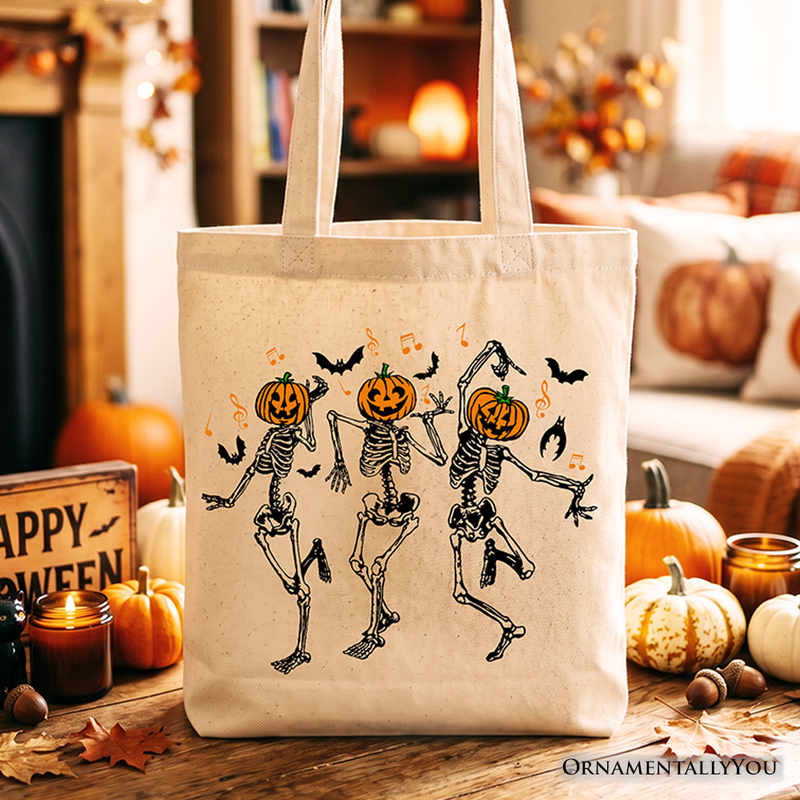 Dancing Skeletons with Pumpkin Head Tote Bag, Dry Bones Come Alive Halloween Fun Gift Shopper