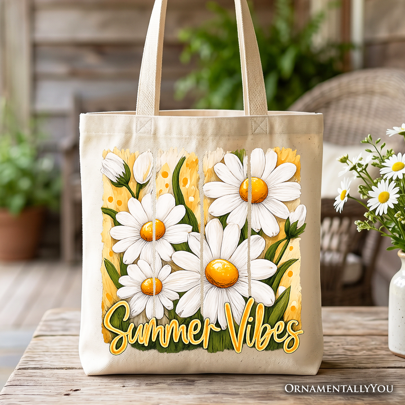 Summer Vibes Daisy Brushstroke Flowers Tote Bag, Aesthetic Gift Shopper