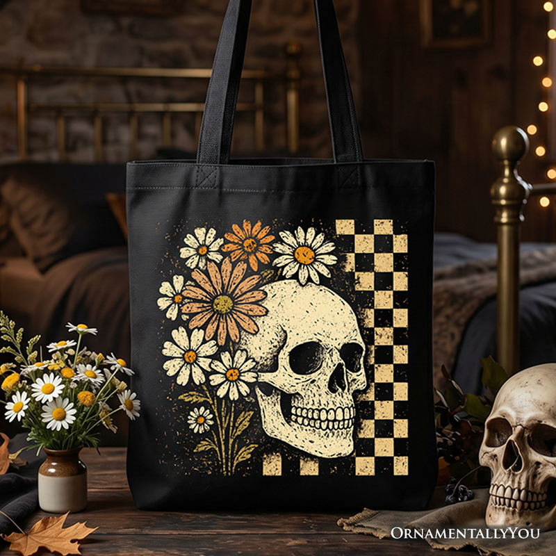 Checkered Floral Skeleton Tote Bag, Vintage Skull Daisy Halloween Gift Shopper