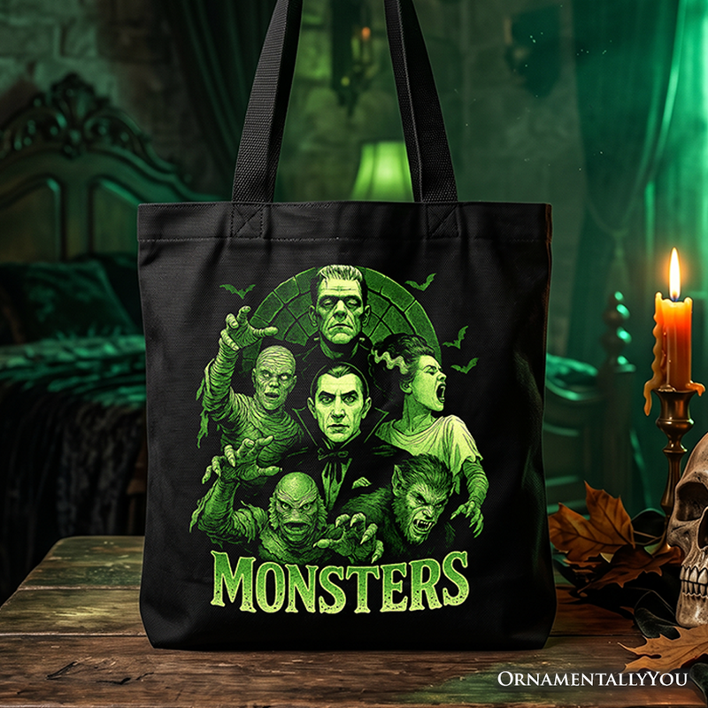 Green Retro Monsters Tote Bag, Vintage Classic Horror Halloween Gift Shopper