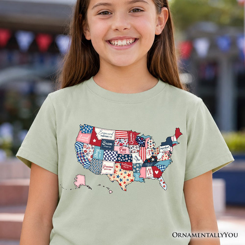 Kids Patriotic Patchwork USA T-Shirt, Quilted Map Youth Tee for American Fans