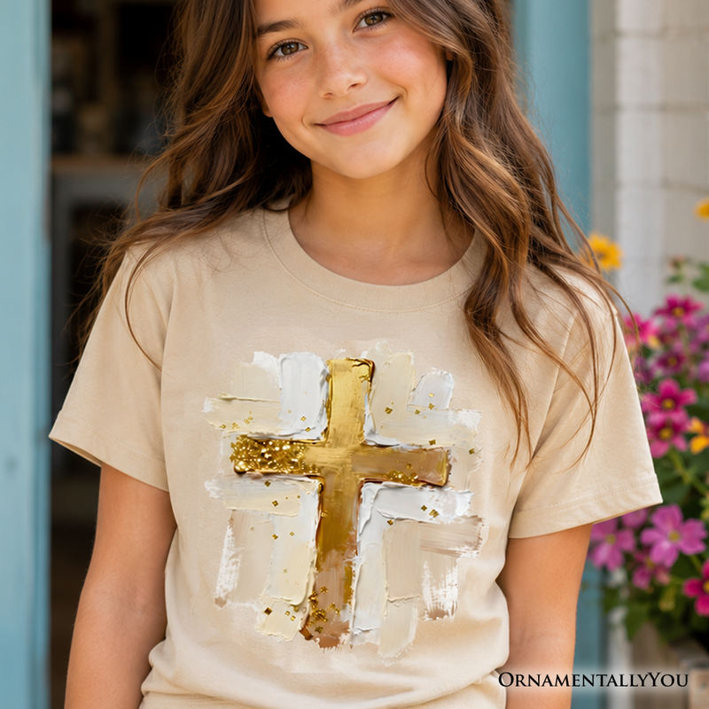 Kids Oil Brushstroke Cross T-Shirt, Christian Faith Jesus Easter Tee for Youth