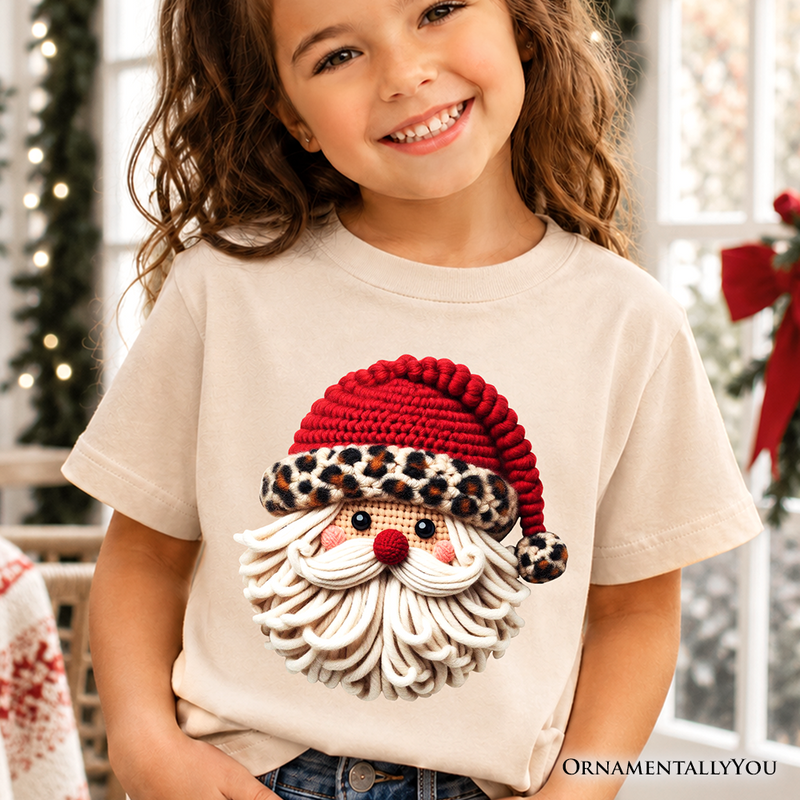 Kids Santa Leopard Hat Christmas T-Shirt, Imitation Latch Hook Yarn Cozy Youth Tee