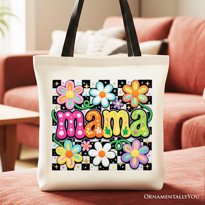 Retro Floral Mama Printed Faux Yarn Tote Bag, Colorful Mother's Day Gift Shopper