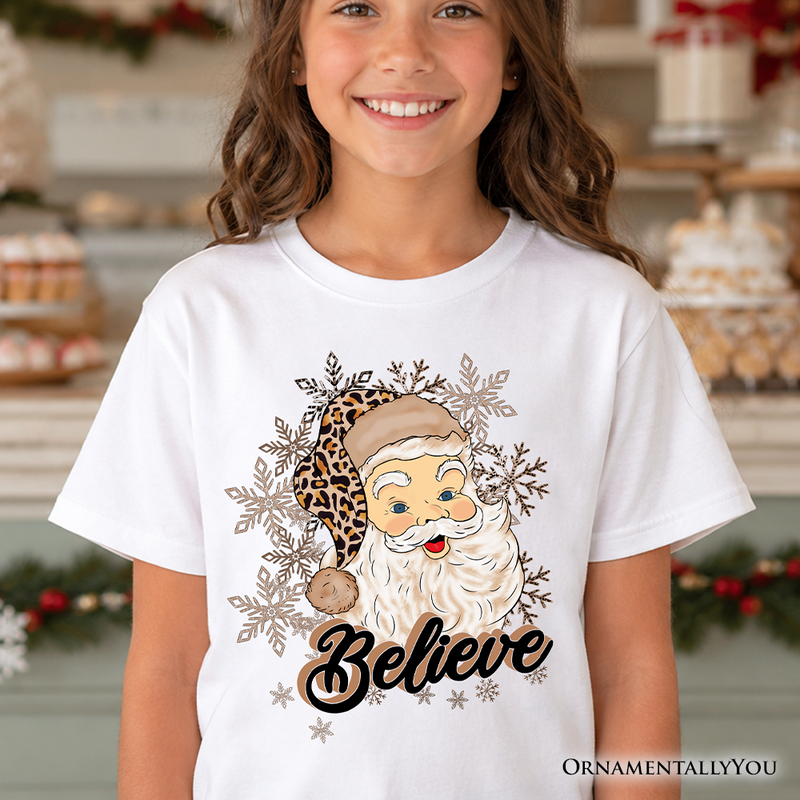 Kids Believe Santa Cheetah Leopard T-Shirt, Retro Christmas Youth Tee