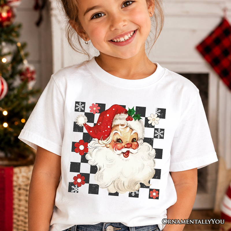 Kids Checkered Santa Claus Vintage T-Shirt, Retro Merry Christmas Youth Tee