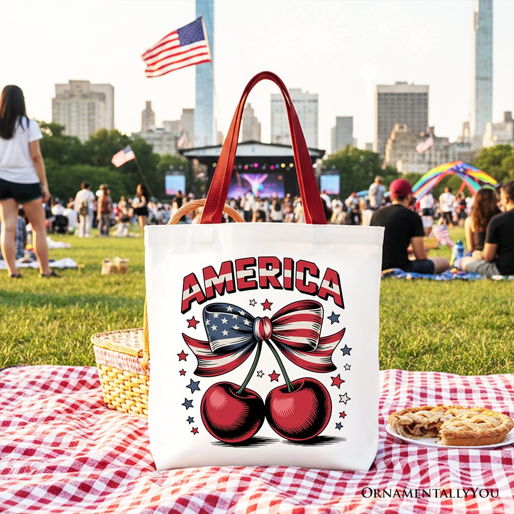 America Coquette Cherries Tote Bag, Patriotic 4th of July Gift Shopper