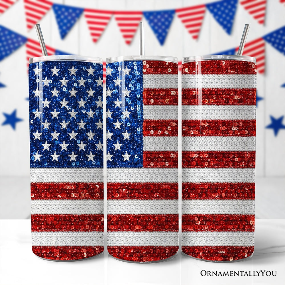 American Flag Sequin Print 20oz Personalized Tumbler With Lid and Stainless Steel Straw, Patriotic USA Stars and Stripes Gift Cup