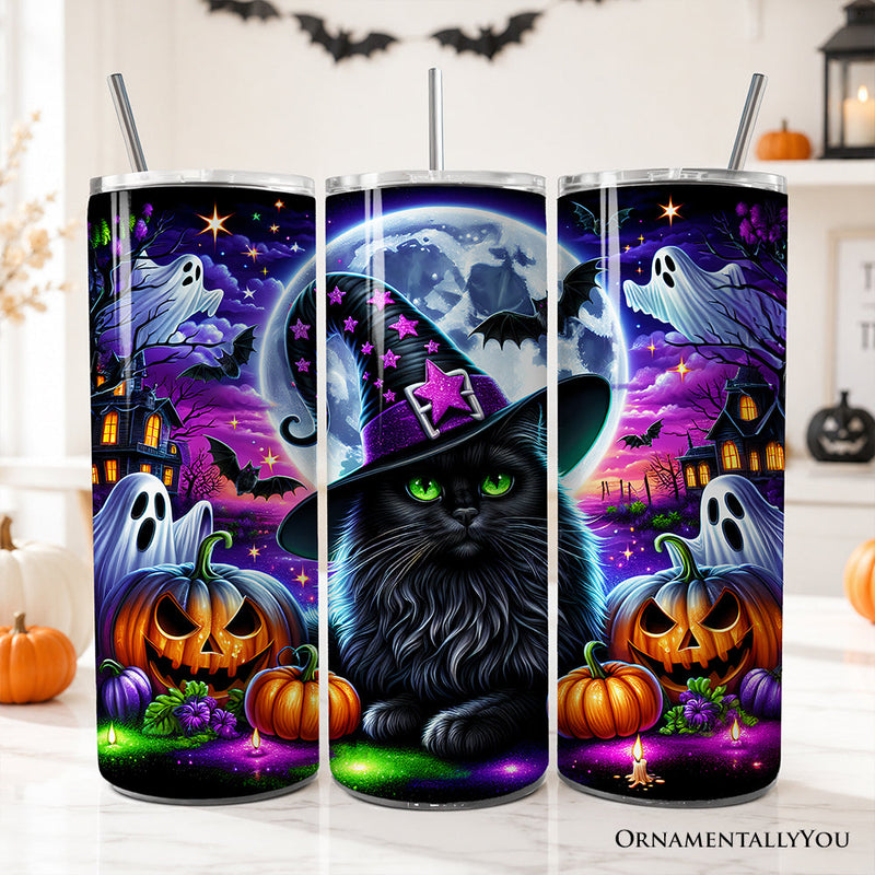 Black Cat Witch 20oz Personalized Tumbler With Lid and Stainless Steel Straw, Spooky Halloween Gift Cup