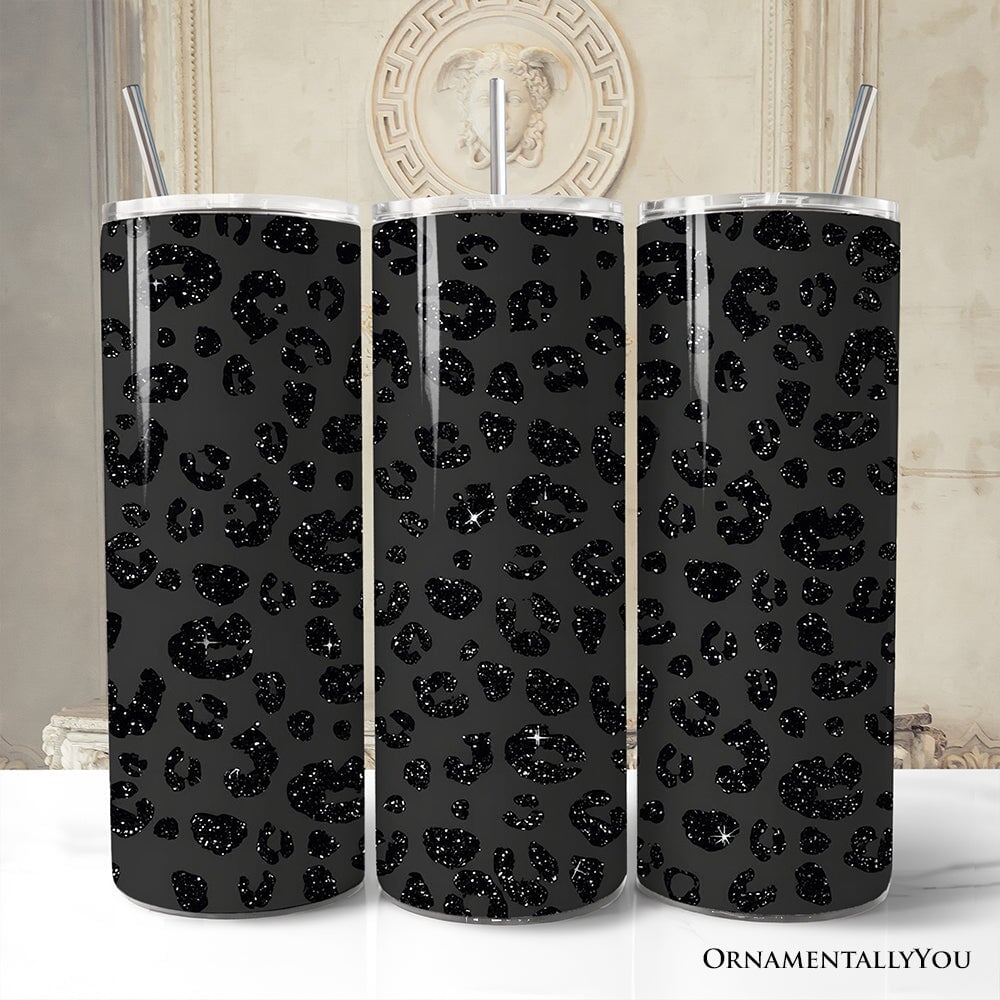 Black Glitter Leopard Print 20oz Personalized Tumbler With Lid and Stainless Steel Straw, Bold Animal Pattern Gift Cup