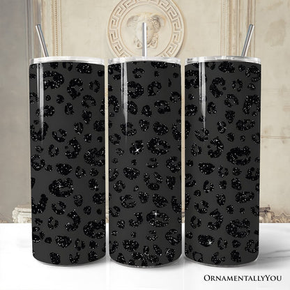 Black Glitter Leopard Print 20oz Personalized Tumbler With Lid and Stainless Steel Straw, Bold Animal Pattern Gift Cup