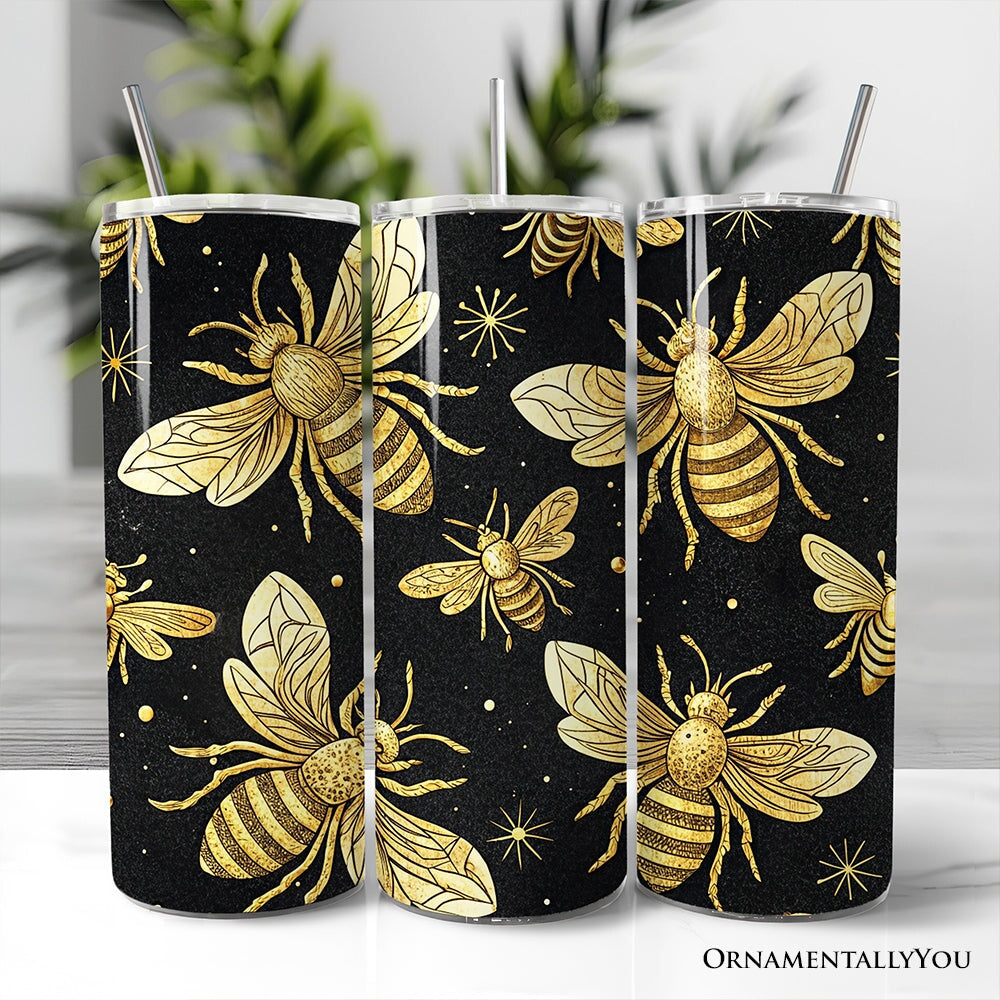 Black and Gold Bee Pattern 20oz Personalized Tumbler With Lid and Stainless Steel Straw, Elegant Apiarist Gift Cup