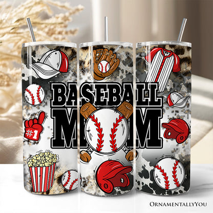 Black and Red Baseball Mom Pattern 20oz Personalized Tumbler With Lid and Stainless Steel Straw, Proud Sports Mothers Gift Cup