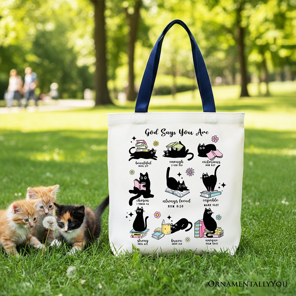 Book Cat God Says I Am Tote Bag, Christian Bible Verse Faith Gift Shopper