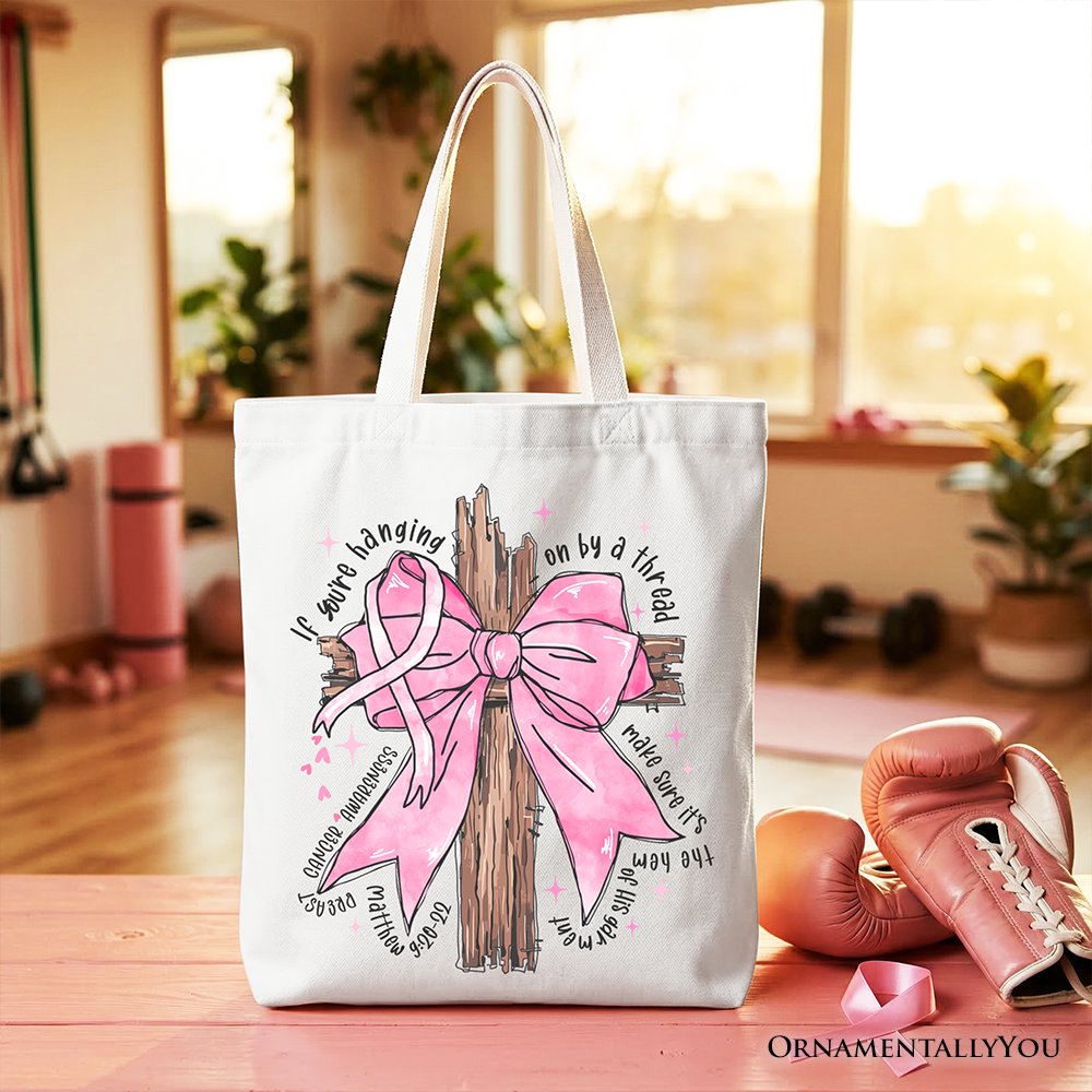 Breast Cancer Pink Bow Cross Tote Bag, Awareness Faith Christian Gift Shopper