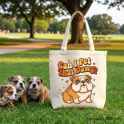 Can I Pet That Dawg Bulldog Retro Tote Bag, Cute Funny Dog Lover Gift Shopper
