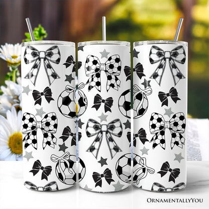 Coquette Black and White Soccer Bow 20oz Personalized Tumbler With Lid and Stainless Steel Straw, Sporty Girls Pattern Gift Cup