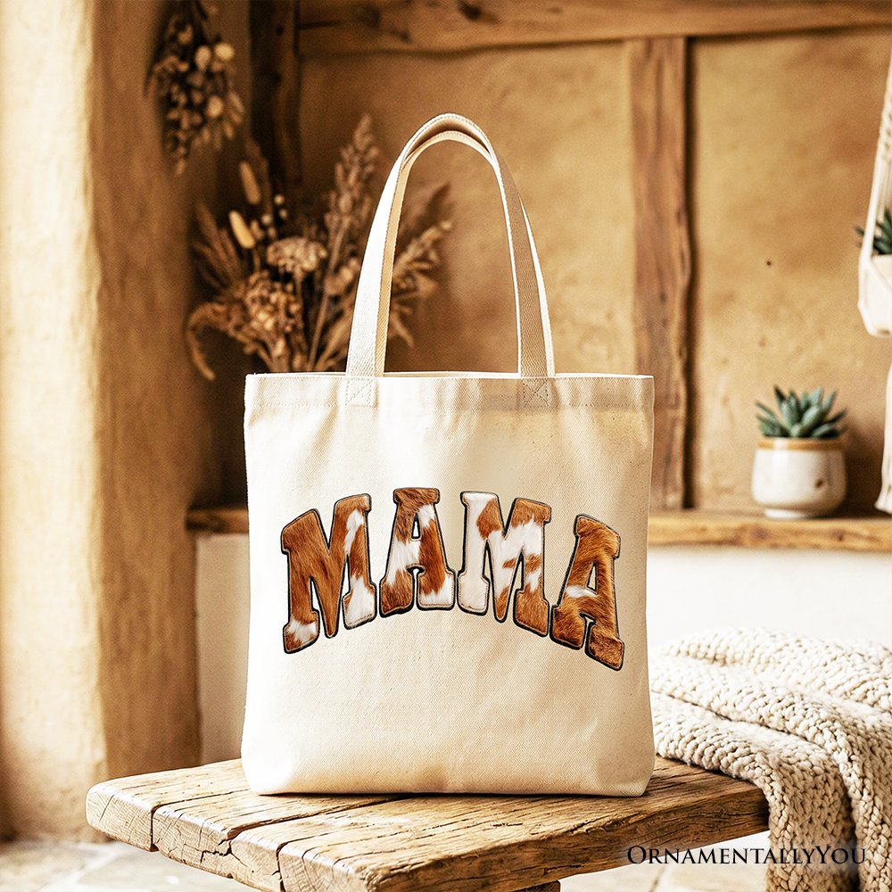 Cow Print Mama Western Tote Bag, Faux Cowhide Mom Gift Shopper
