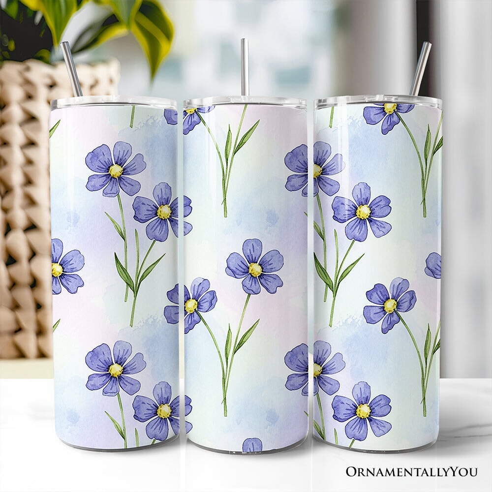 Delicate Blue Wildflowers 20oz Personalized Tumbler With Lid and Stainless Steel Straw, Soft Pastel Floral Pattern Gift Cup