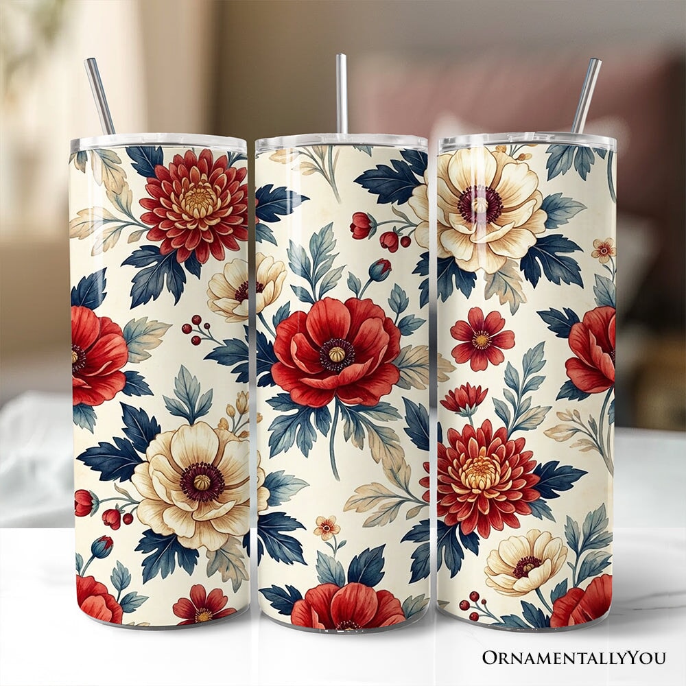 Elegant Red and Cream Flowers 20oz Personalized Tumbler With Lid and Stainless Steel Straw, Classic Floral Pattern Gift Cup