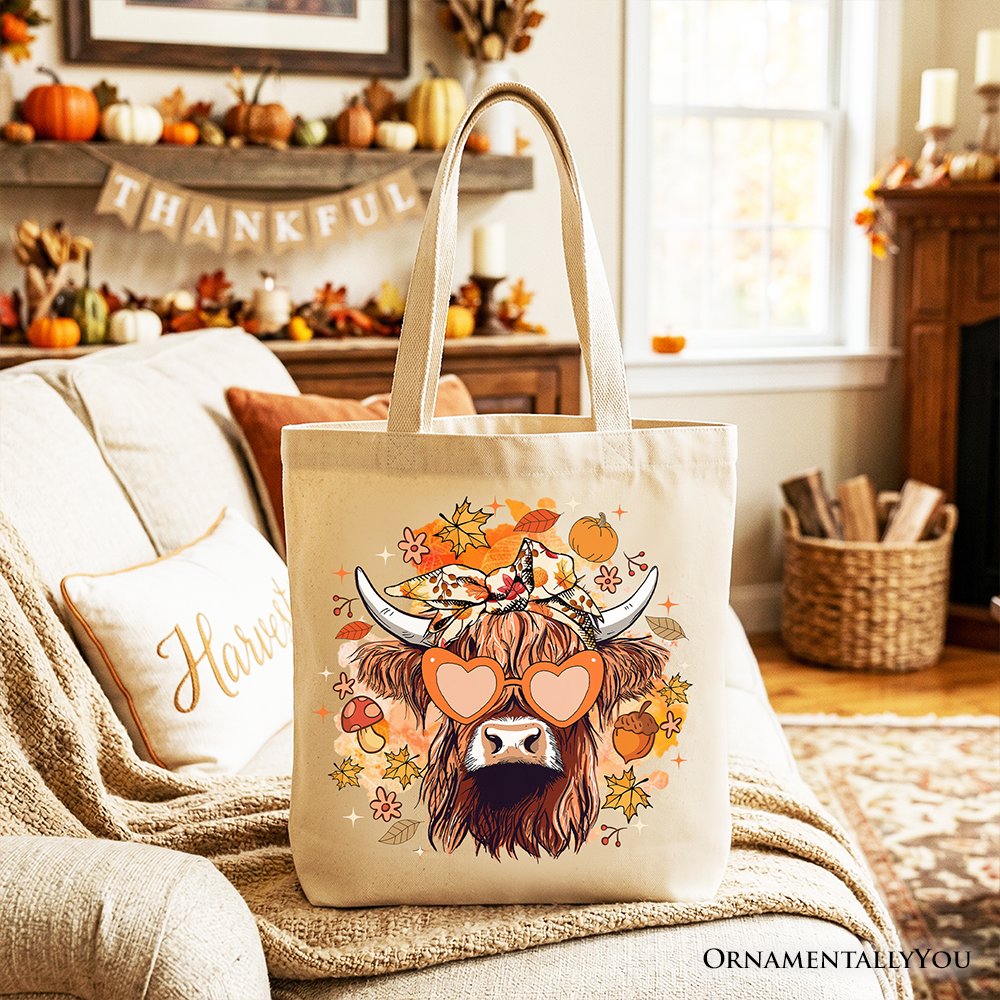 Fall Highland Cow Tote Bag, Messy Bun Howdy Gift Shopper with Autumn Vibes