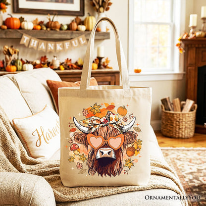 Fall Highland Cow Tote Bag, Messy Bun Howdy Gift Shopper with Autumn Vibes