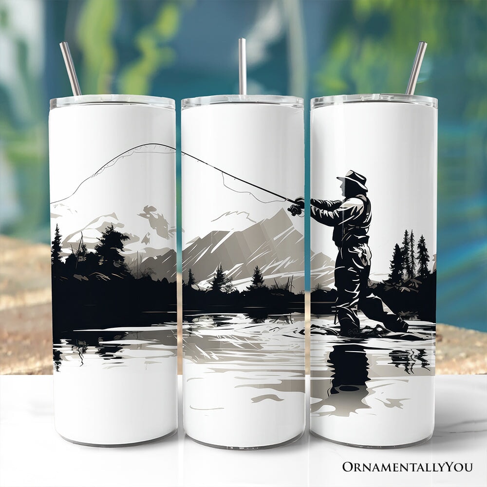 Fly Fishing Mountain Lake Scene 20oz Personalized Tumbler With Lid and Stainless Steel Straw, Angler Outdoor Adventure Gift Cup