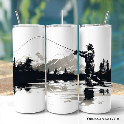 Fly Fishing Mountain Lake Scene 20oz Personalized Tumbler With Lid and Stainless Steel Straw, Angler Outdoor Adventure Gift Cup