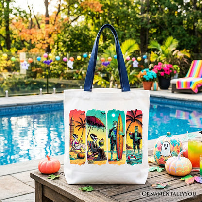 Frankenstein's Beach Vacation Tote Bag, Retro Neon Surf Style Gift Shopper for Horror Fans with Summer Vibes