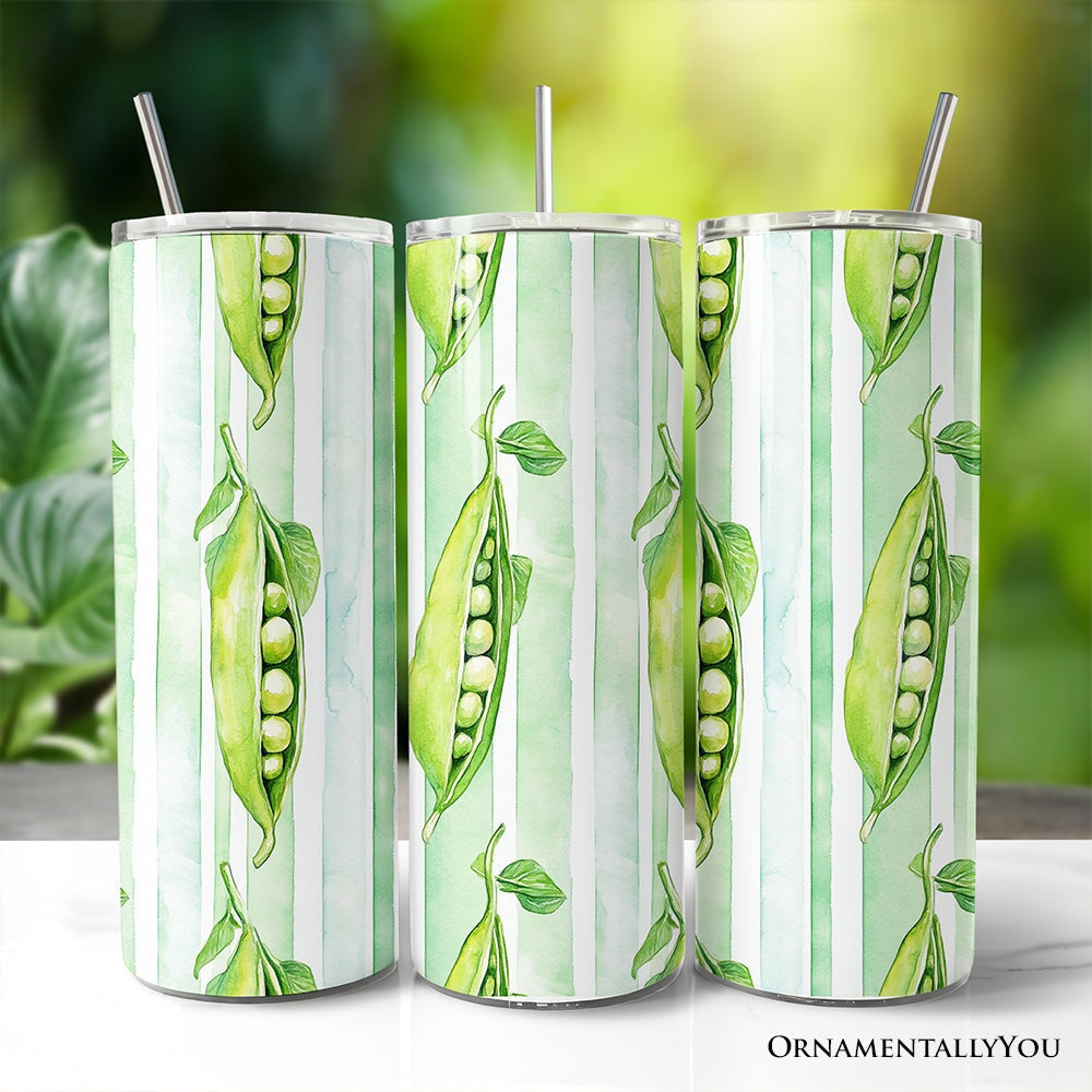 Fresh Green Pea Pod Pattern 20oz Personalized Tumbler With Lid and Stainless Steel Straw, Watercolor Garden Vegetable Gift Cup