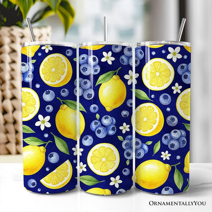 Fresh Lemon and Blueberry Pattern 20oz Personalized Tumbler With Lid and Stainless Steel Straw, Summer Citrus Fruit Gift Cup