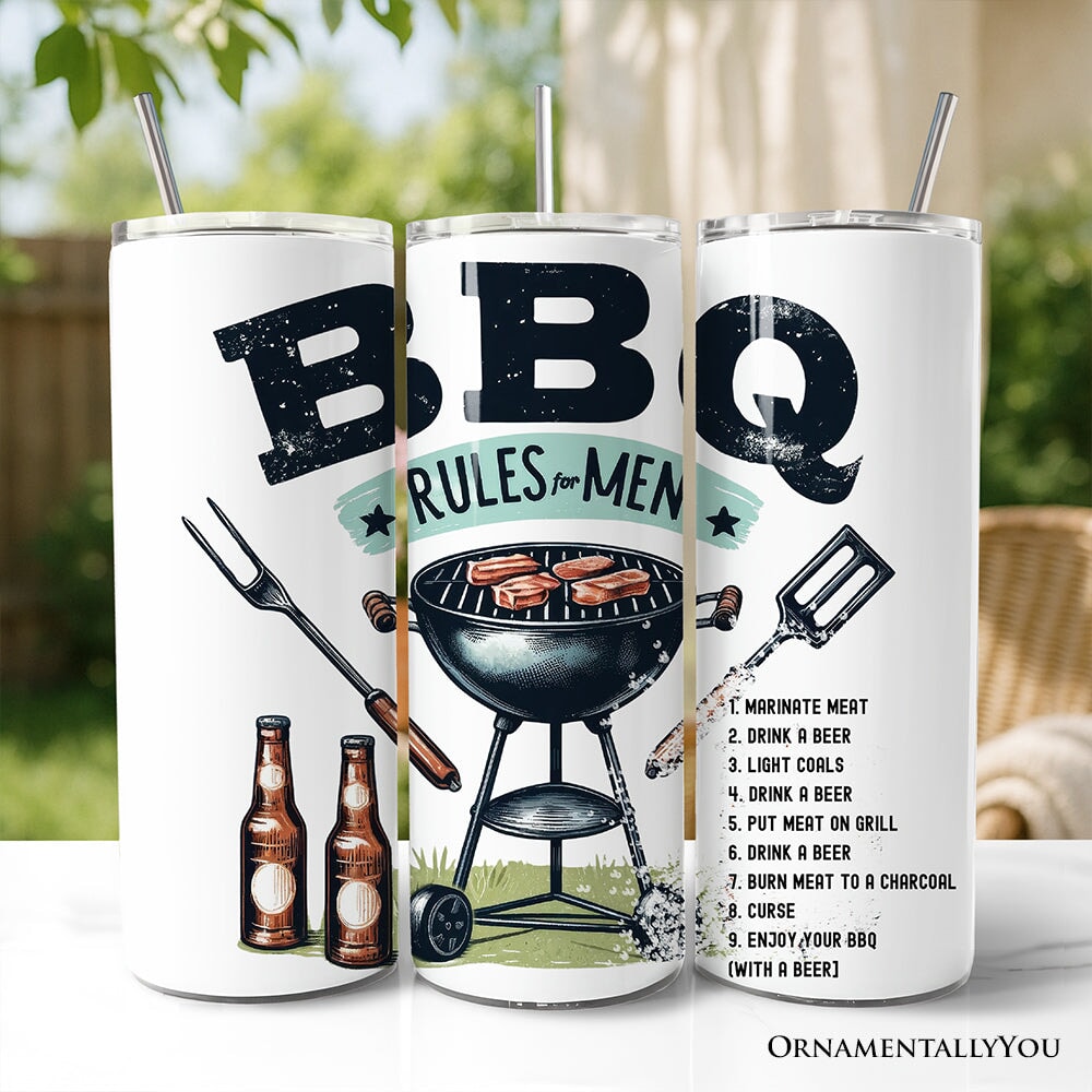 Funny BBQ Rules For Men 20oz Personalized Tumbler With Lid and Stainless Steel Straw, Backyard Grill Guide Humor Gift Cup