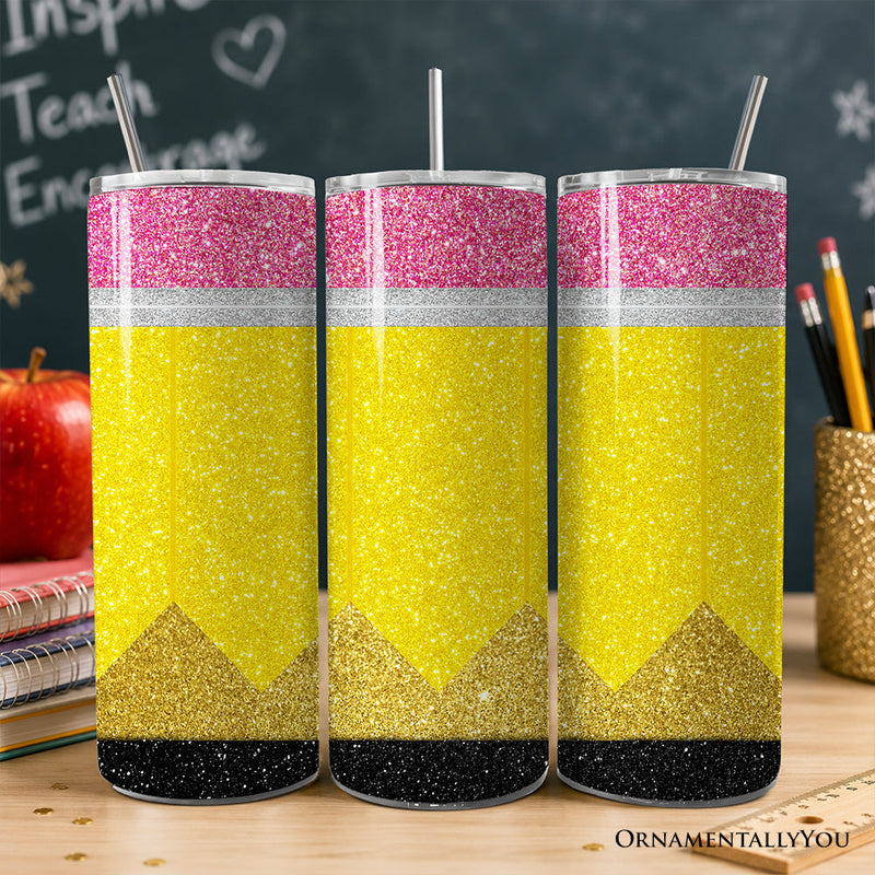 Glitter Pencil Design 20oz Personalized Tumbler With Lid and Stainless Steel Straw, School Teacher Gift Cup
