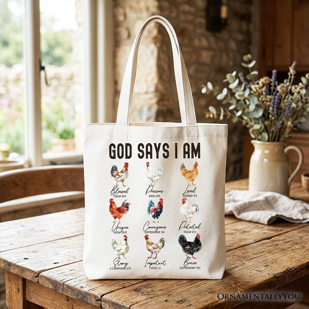 God Says I Am Christian Tote Bag, Rooster and Chicken Gift Shopper for Farm Style Lovers