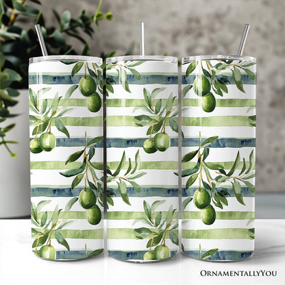 Green Olive Branch Print 20oz Personalized Tumbler With Lid and Stainless Steel Straw, Fresh Botanical Gift Cup