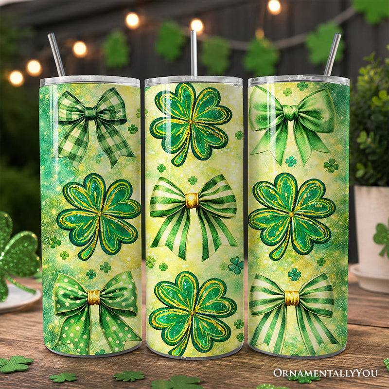 Green Shamrock Bow Pattern 20oz Personalized Tumbler With Lid and Stainless Steel Straw, Coquette St Patrick Gift Cup