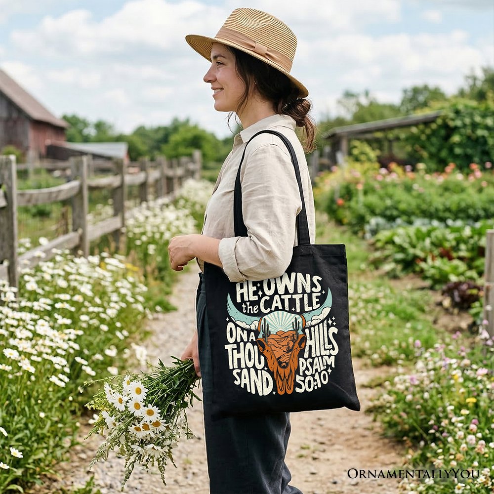 He Owns the Cattle On a Thousand Hills Tote Bag, Christian Western Faith Gift Shopper