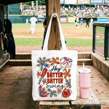 Hey Batter Batter Swing Tote Bag, Retro White and Natural Baseball Gift Shopper