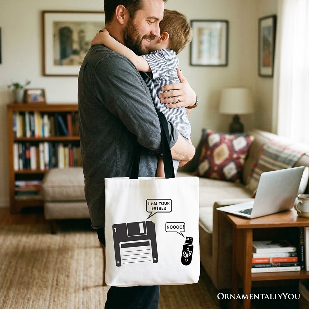 I Am Your Father Floppy Disk Tote Bag, Funny USB Retro Dad Computer Nerd Gift Shopper