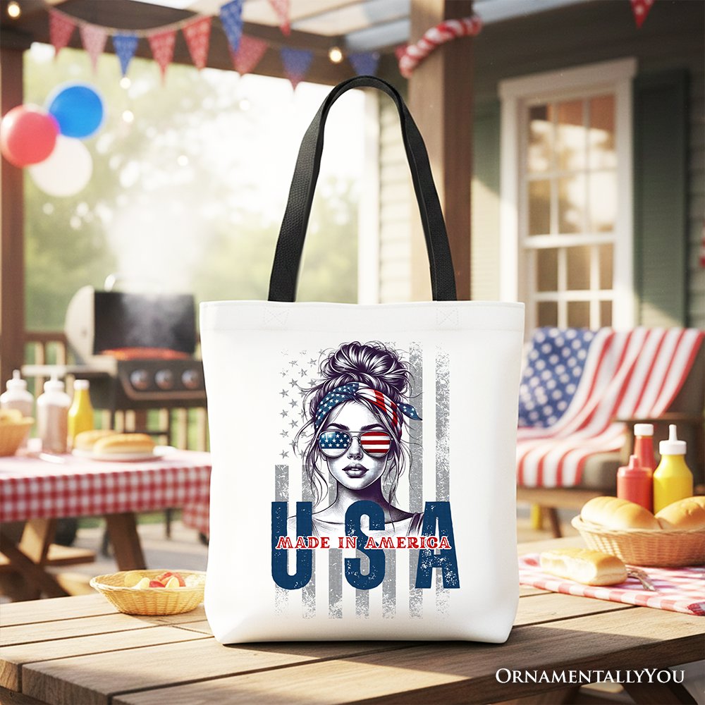 Made in America Messy Bun Tote Bag, Retro 4th of July White Patriotic Gift Shopper