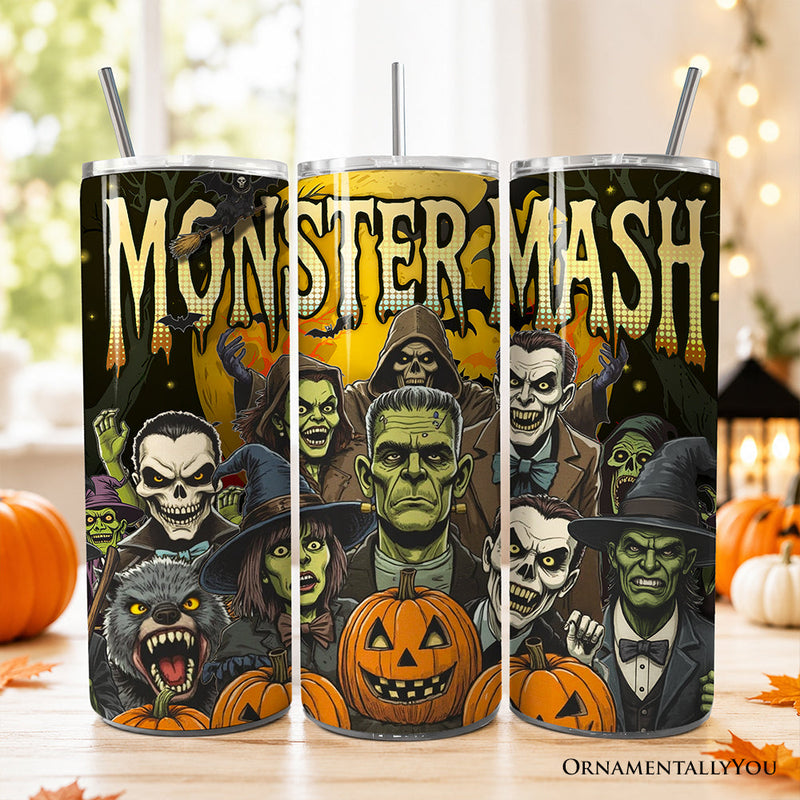 Monster Mash Horror 20oz Personalized Tumbler With Lid and Stainless Steel Straw, Retro Halloween Gift Cup