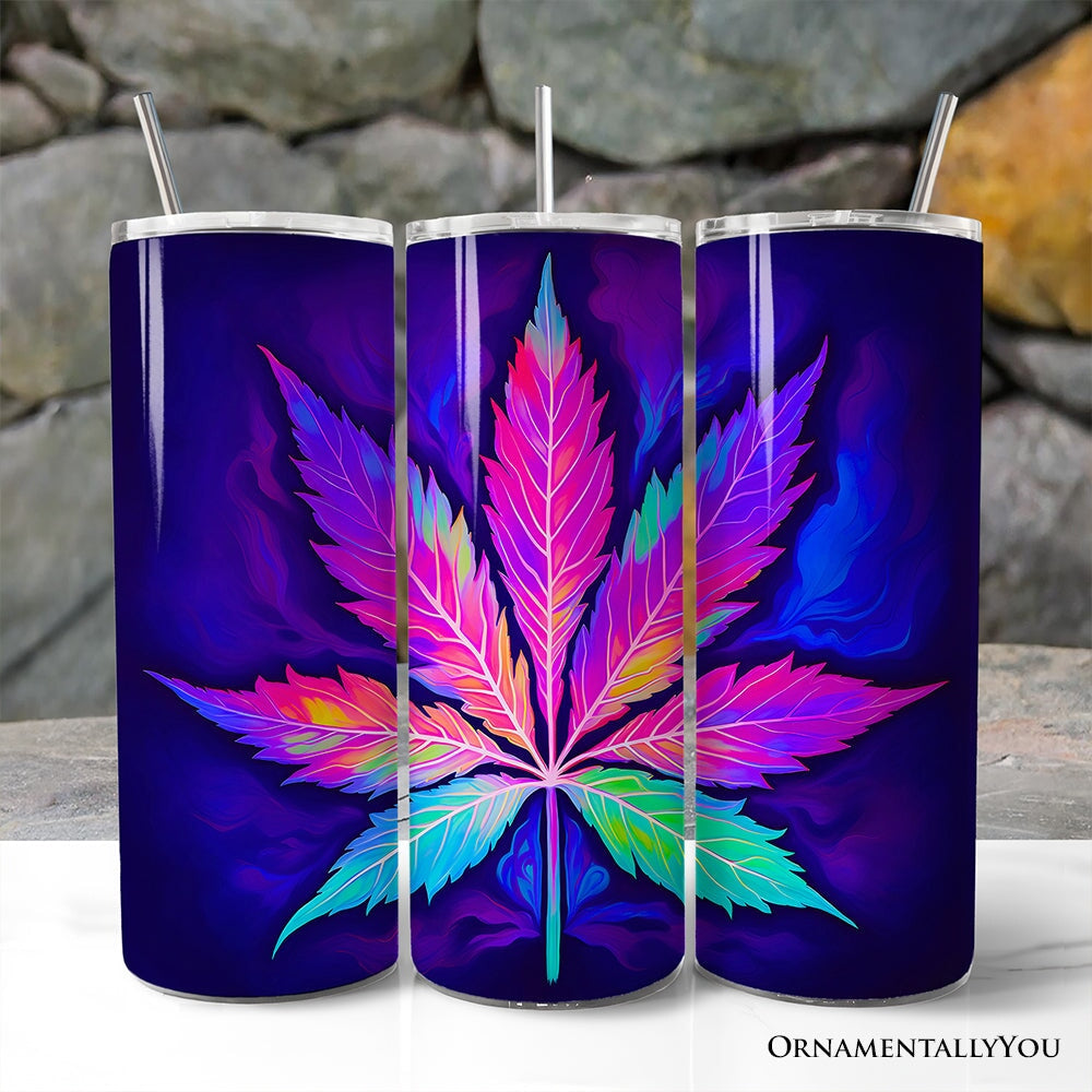 Neon Cannabis Leaf 20oz Personalized Tumbler With Lid and Stainless Steel Straw, Psychedelic Weed Aesthetic Gift Cup