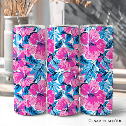 Pink and Blue Hibiscus Flowers 20oz Personalized Tumbler With Lid and Stainless Steel Straw, Vibrant Summer Floral Gift Cup