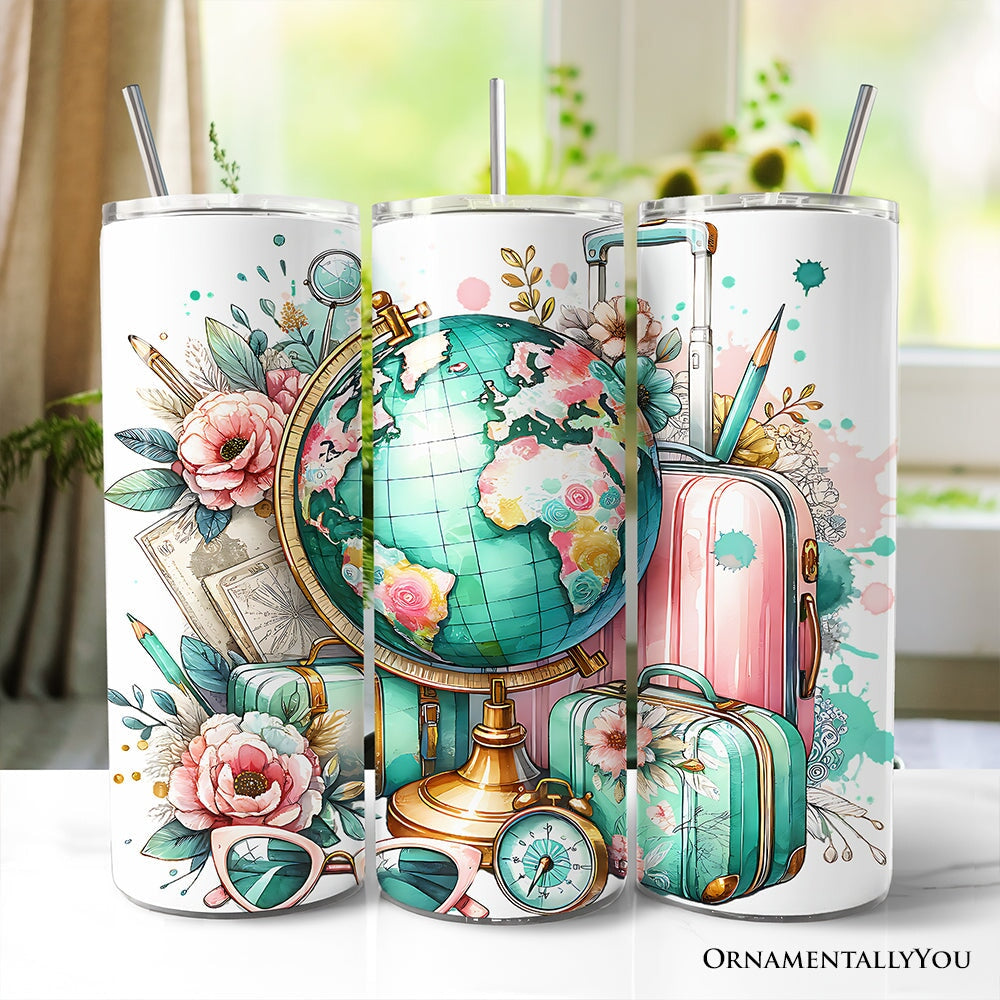 Pink and Teal Wanderlust Girl 20oz Personalized Tumbler With Lid and Stainless Steel Straw, Floral Traveler Adventurer Gift Cup
