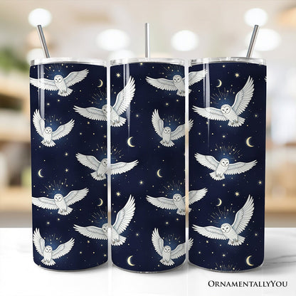 Snowy Owl Under Moon and Stars 20oz Personalized Tumbler With Lid and Stainless Steel Straw, Enchanted Navy Night Sky Gift Cup